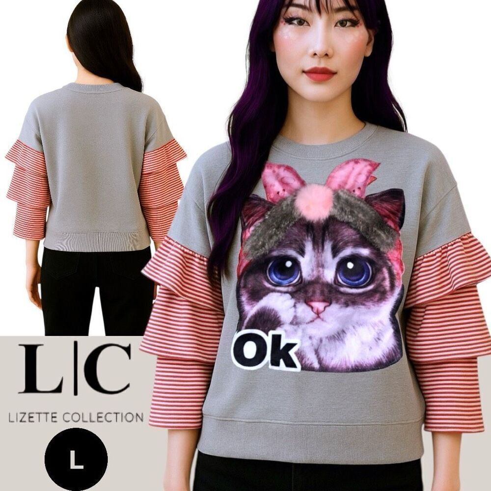 Women’s Large LC lizette collection Shirt. RARE Cat Face Anime Graphic LS